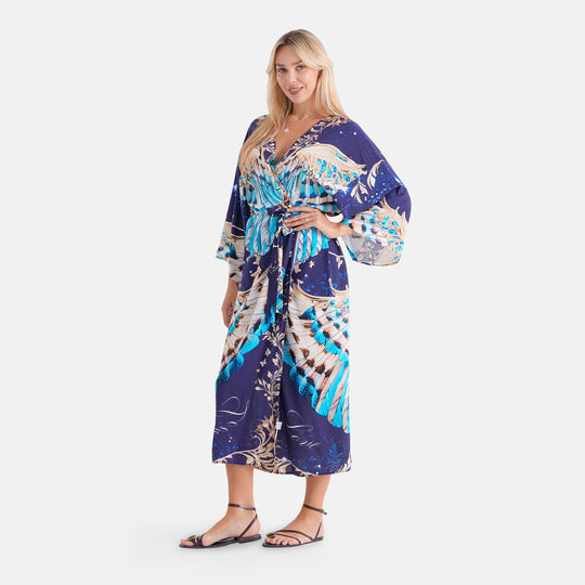 LA MAREY Kimono mit Pfauen- und Blumenmuster, 100% Viskose, Einheitsgröße, 128cm lang, bis Größe XL (44)
