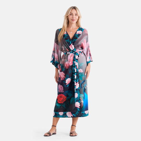 LA MAREY Kimono mit Pfauen- und Blumenmuster, 100% Viskose, Einheitsgröße, 128cm lang, bis Größe XL (44)