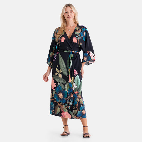LA MAREY Kimono mit Pfauen- und Blumenmuster, 100% Viskose, Einheitsgröße, 128cm lang, bis Größe XL (44)