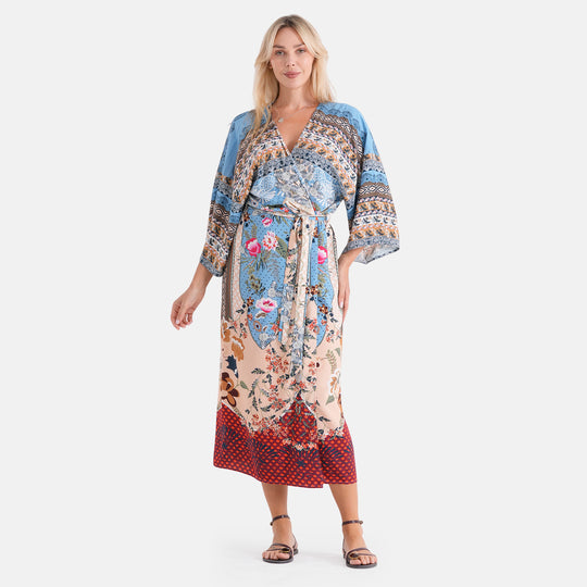 LA MAREY Kimono mit Pfauen- und Blumenmuster, 100% Viskose, Einheitsgröße, 128cm lang, bis Größe XL (44)