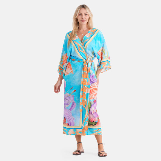 LA MAREY Kimono mit Pfauen- und Blumenmuster, 100% Viskose, Einheitsgröße, 128cm lang, bis Größe XL (44)