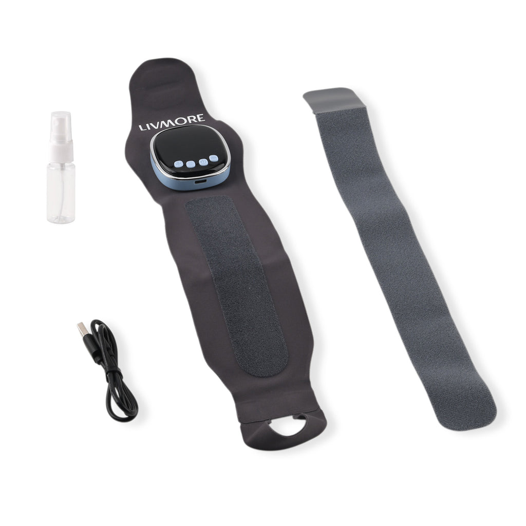 Livmore EMS Low-frequency pulse wrist wrap - Grey 1. Material: Polyester, spandex 2. Voltage: Input DC 5V, output 3.7V 3. Power: Output power 6W 4. Battery capacity: 1200 mA (included) 5. Functions: 6 modes, 19 intensity Settings, graphene 3 heating Sett
