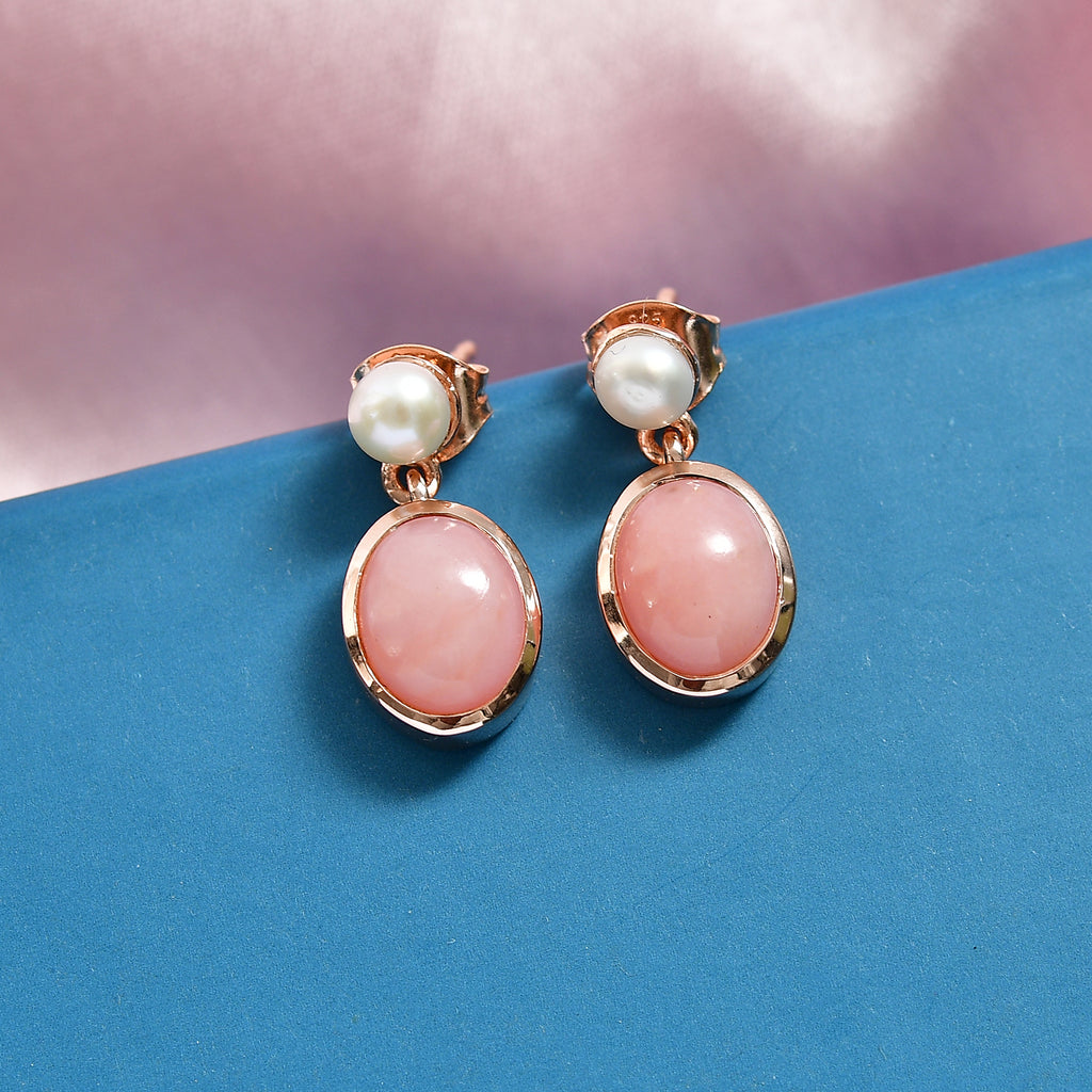 D'Joy AA Rosa Opal, Süßwasser Perle (4mm) Ohrringe 925 Silber 750 rosévergoldet