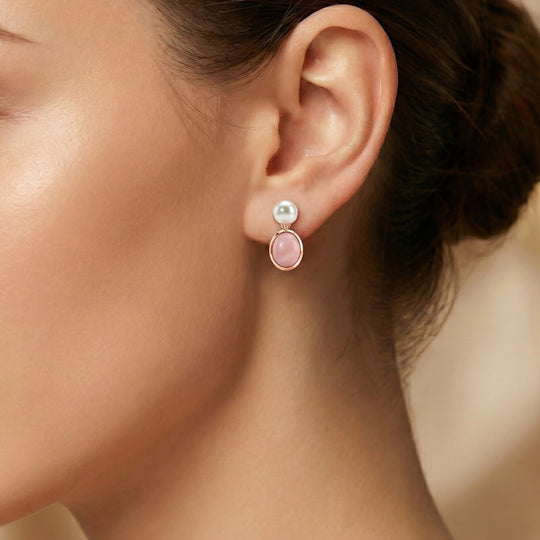 D'Joy AA Rosa Opal und 4mm Süßwasserperle Ohrringe, 925 Silber 750 rosévergoldet