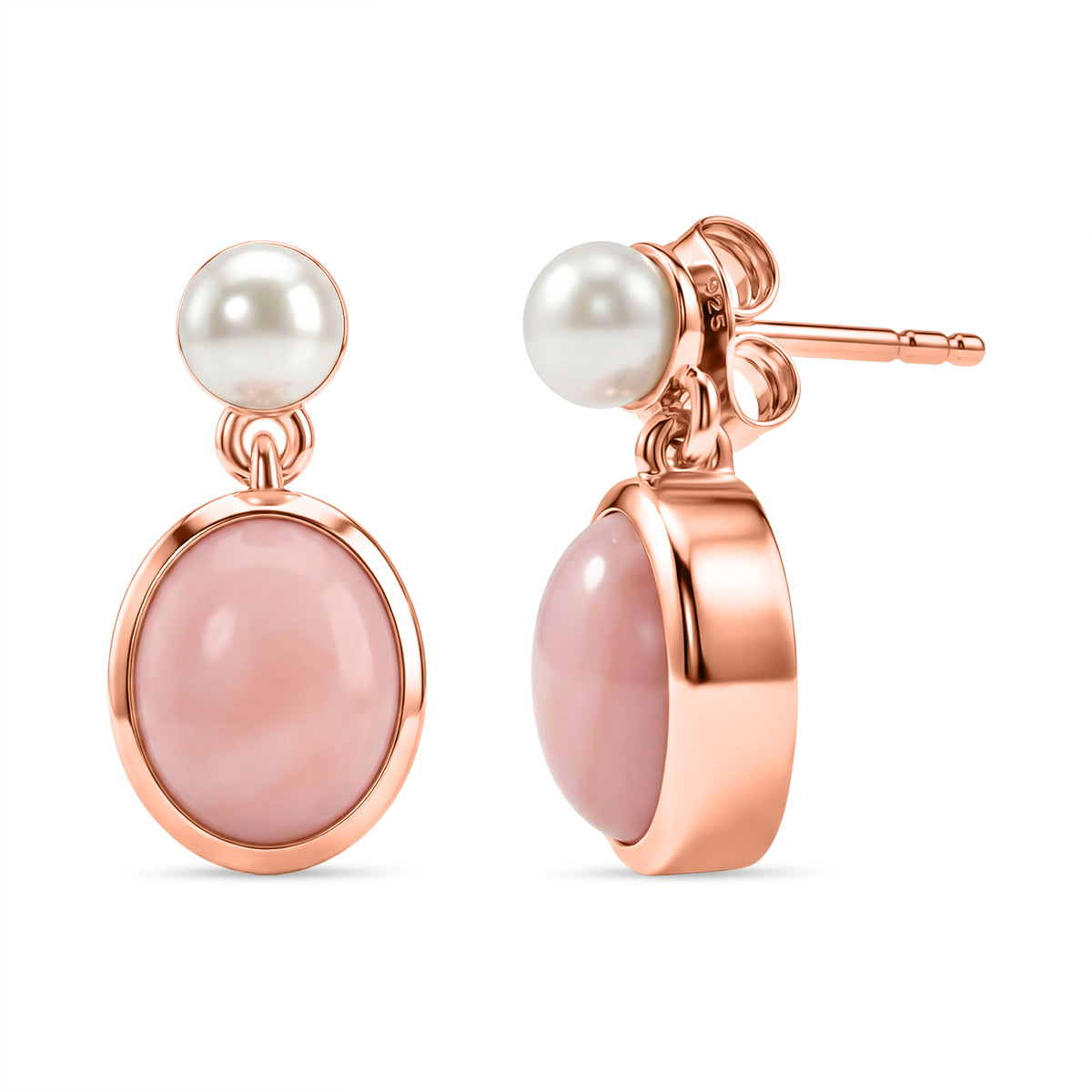 D'Joy AA Rosa Opal, Süßwasser Perle (4mm) Ohrringe 925 Silber 750 rosévergoldet