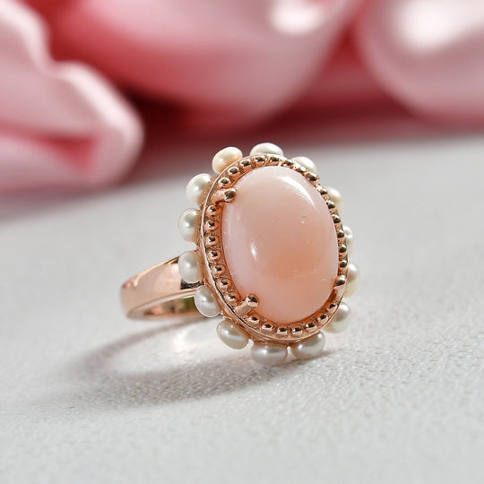 D'Joy AA Rosa Opal, Süßwasser Perle (3mm) Ring 925 Silber 750 Roségold Vermeil (Größe 18.00)