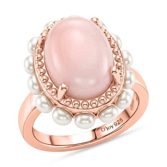 D'Joy AA Rosa Opal, Süßwasser Perle (3mm) Ring 925 Silber 750 Roségold Vermeil (Größe 18.00)