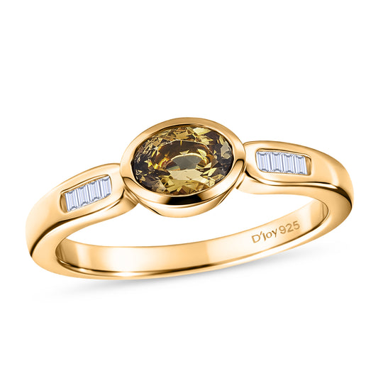 D'Joy AA Natürlicher goldener Tansanit, Weißer Diamant Ring 925 Silber 750 Gelbgold Vermeil (Größe 21.00) ca. 0,50 ct