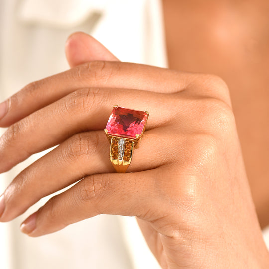 D'Joy Sonnenuntergang Skyline Sunset Quarz Triplette, Citrin Ring 925 Silber 750 Gelbgold Vermeil (Größe 19.00) ca. 14.19 ct