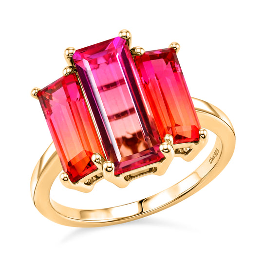 D'Joy Dreifacher Horizont Sunset Quarz Triplette Ring 925 Silber 750 Gelb Vergoldet (Größe 19.00) ca. 5.03 ct