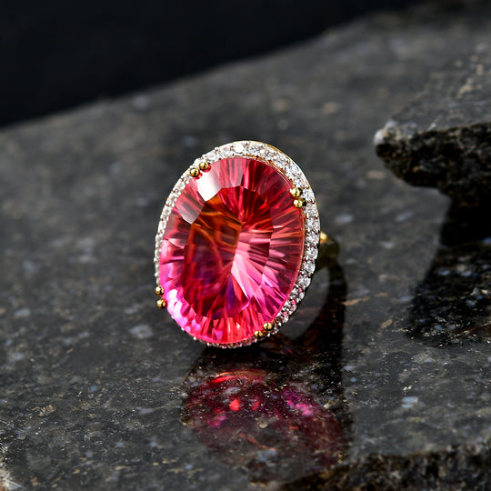 D'Joy Goldener Himmelsglanz Sunset Quarz Triplette, Weißer Zirkon Ring 925 Silber 750 Gelbgold Vermeil (Größe 19.00) ca. 29.48 ct