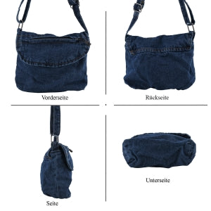 Crossbody-Tasche in Denim-Optik mit verstellbarem Schulterriemen, 2 Reißverschlussfächern, 24x20x8,5cm, Dunkelblau