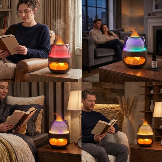 LIVMORE Aroma-Luftbefeuchter mit Holzoptik, Steindekor, LED Licht, Fernbedienung, 240 ml, inkl. 6 Duftöle, Grau/Transparent