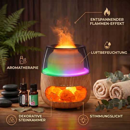 LIVMORE Aroma-Luftbefeuchter mit Holzoptik, Steindekor, LED Licht, Fernbedienung, 240 ml, inkl. 6 Duftöle, Grau/Transparent