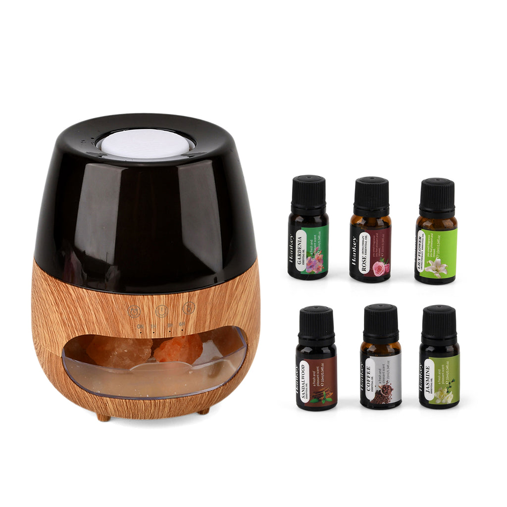 LIVMORE Aroma-Luftbefeuchter mit Holzoptik, Steindekor, LED Licht, Fernbedienung, 240 ml, inkl. 6 Duftöle, Grau/Transparent