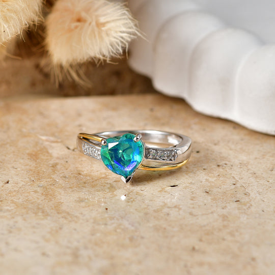 D'Joy Pfau Quarz Triplette, Weißer Zirkon Ring 925 Silber Rhodiniert und 750 Gelbgold Vermeil (Größe 17.00) ca. 1,94 ct
