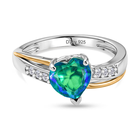 D'Joy Pfau Quarz Triplette, Weißer Zirkon Ring 925 Silber Rhodiniert und 750 Gelbgold Vermeil (Größe 17.00) ca. 1,94 ct
