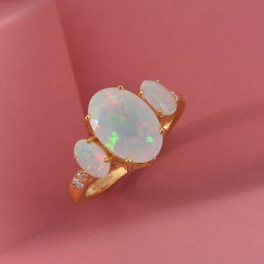 D'Joy AA Natürlicher, äthiopischer Welo Opal, Moissanit Ring 925 Silber 750 Gelbgold Vermeil (Größe 21.00) ca. 2.57 ct