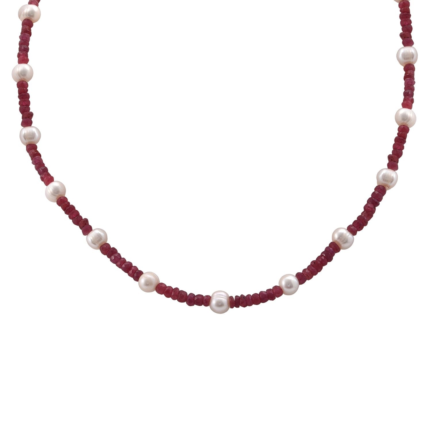 Afrikanischer Rubin (Fissure gefüllt), Süßwasser Perle (2-3 mm) Halskette ca. 45 cm 925 Silber rhodiniert