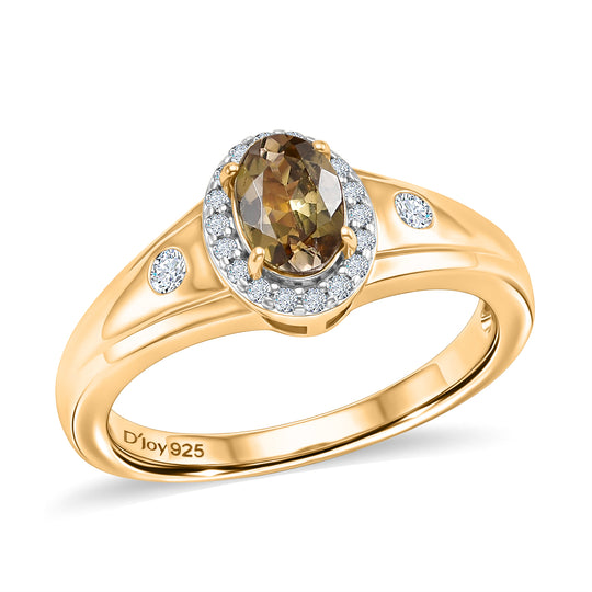 D'Joy AA Natürlicher goldener Tansanit, Moissanit Ring 925 Silber 750 Gelbgold Vermeil (Größe 18.00) ca. 0,81 ct