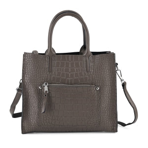 Henkeltasche aus Echtleder mit Krokoprägung, Schulterriemen und Reißverschlussfach, 33x12x28cm, Braun