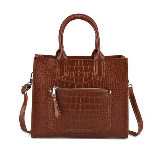 Henkeltasche aus Echtleder mit Krokoprägung, Schulterriemen und Reißverschlussfach, 33x12x28cm, Braun