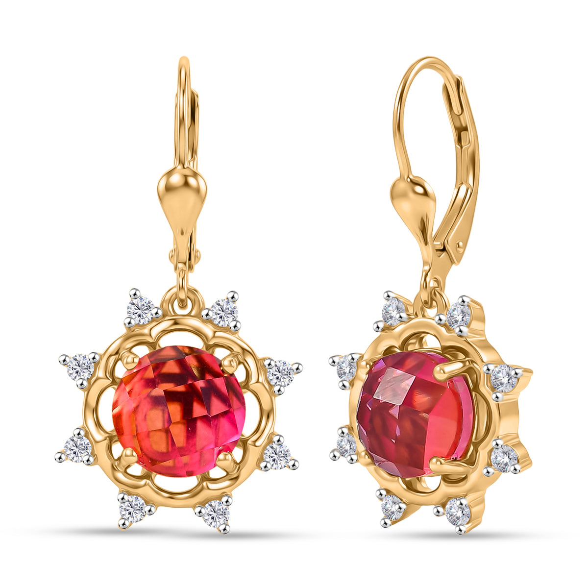 D'Joy Sunset Quarz Triplette, Weißer Zirkon Ohrringe 925 Silber 750 Gelb Vergoldet ca. 5.28 ct