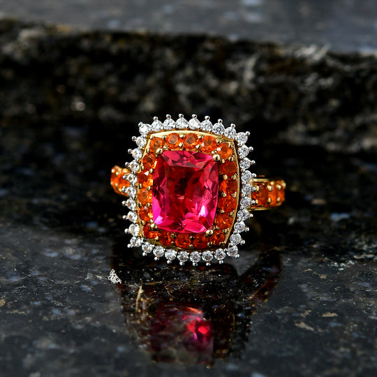 D'Joy Majestätische Abendsonne Sunset Quarz Triplette, Salamanca Feueropal Ring 925 Silber 750 Gelbgold Vermeil (Größe 20.00) ca. 4.66 ct