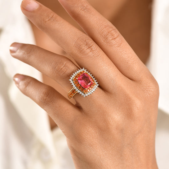 D'Joy Majestätische Abendsonne Sunset Quarz Triplette, Salamanca Feueropal Ring 925 Silber 750 Gelbgold Vermeil (Größe 20.00) ca. 4.66 ct