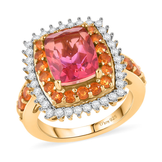 D'Joy Majestätische Abendsonne Sunset Quarz Triplette, Salamanca Feueropal Ring 925 Silber 750 Gelbgold Vermeil (Größe 20.00) ca. 4.66 ct