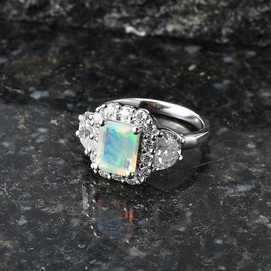 D'Joy AA Natürlicher, äthiopischer Welo Opal, Moissanit Ring 925 Silber Rhodiniert (Größe 17.00)   (10-16 Werktage Lieferzeit) ca. 2,16 ct