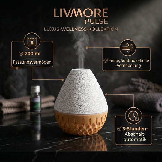 LIVMORE Vulcano Luftbefeuchter und Aromadiffusor mit 7 ätherischen Ölen, LED Farbwechsel, 200ml, Dunkelbraun