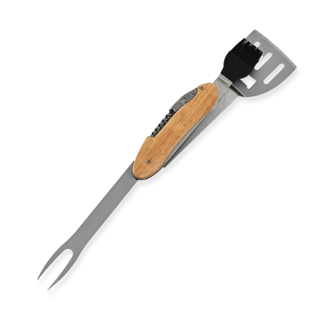 Stainless+wooden shovel,with brush, fork and bottle opener