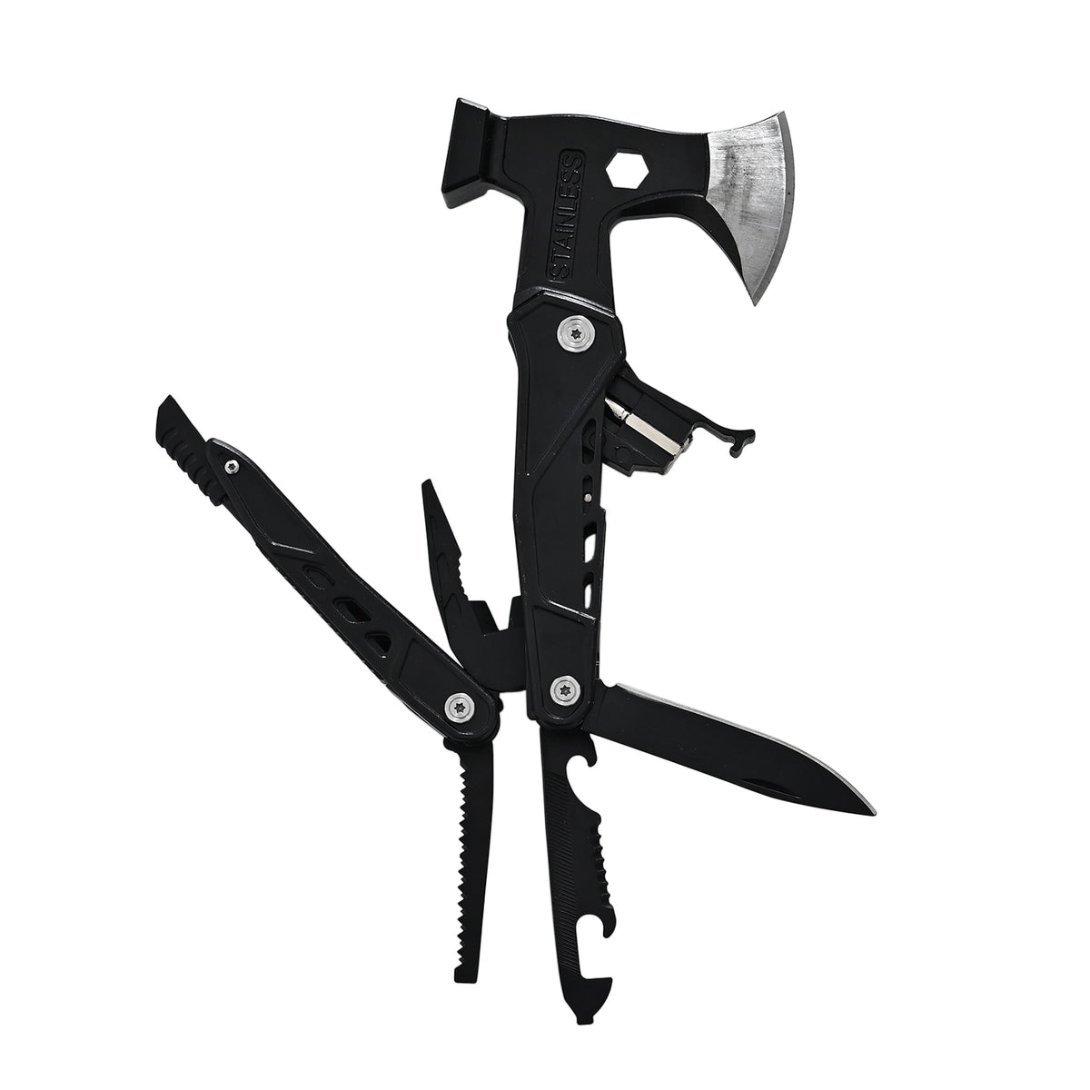 Outdoor Multifunktionsmesser 6-in-1 aus Edelstahl mit Säge, Schraubendreher, Gabel, Flaschenöffner und Feuerstein