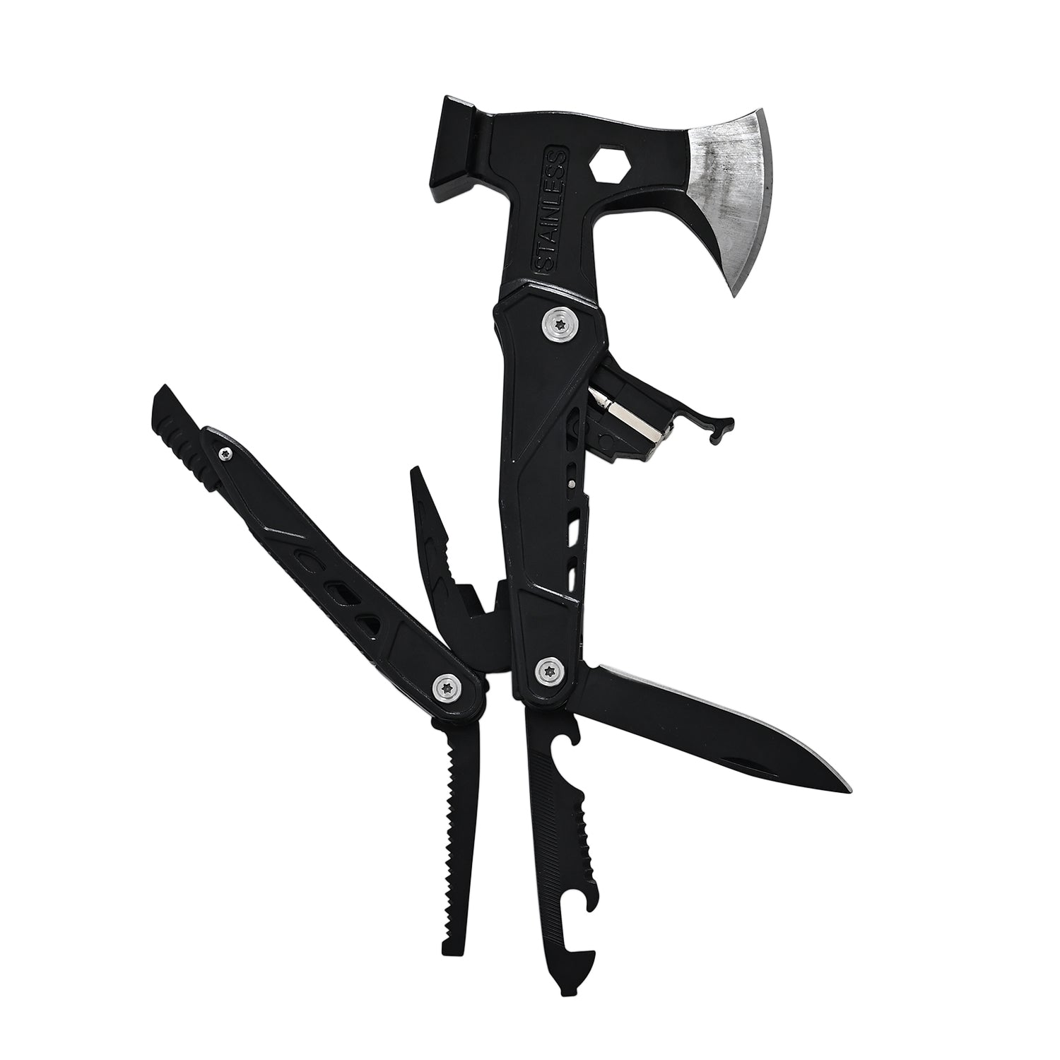 Stainless knife with saw,screwdriver, fork  bottle opener and flintstone