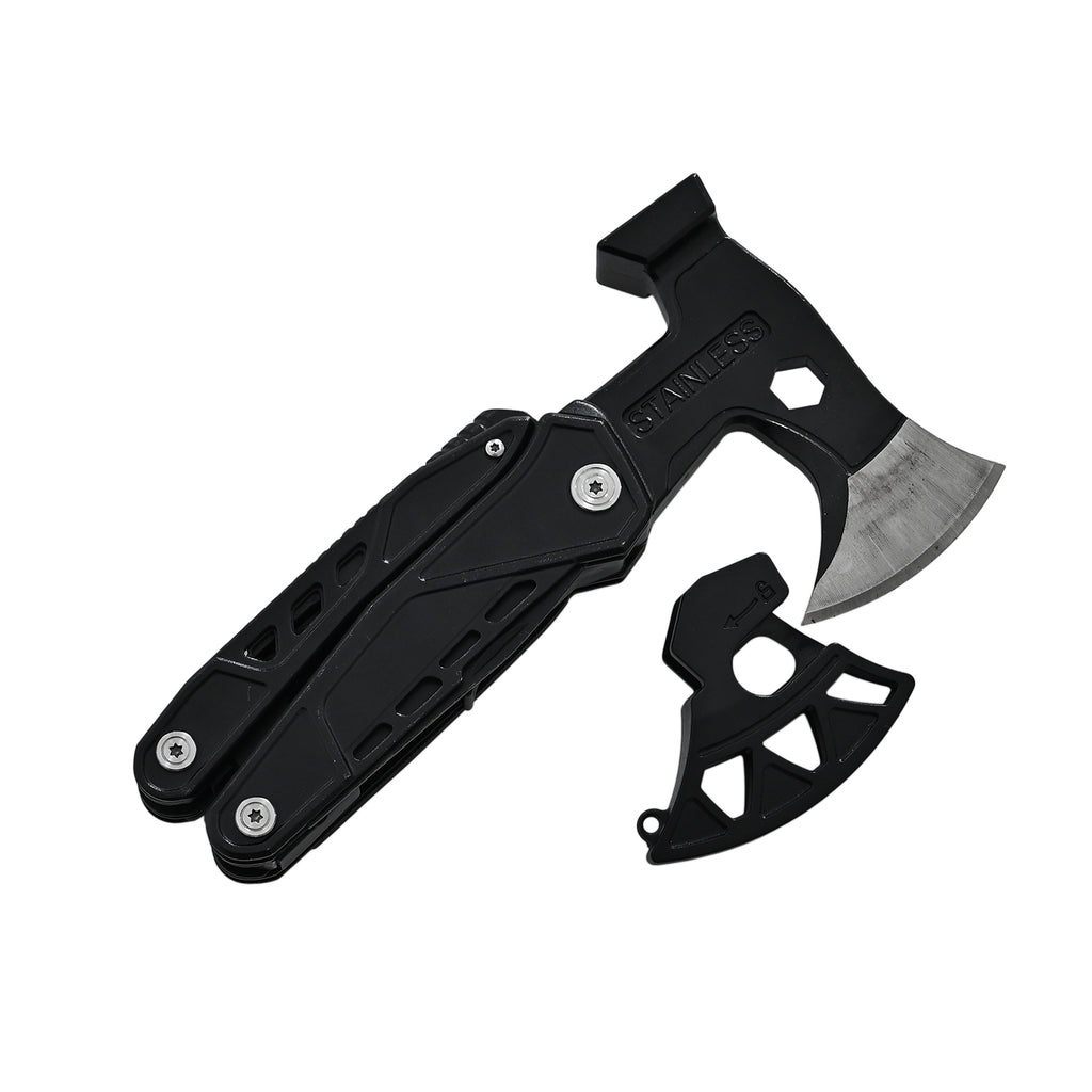 Stainless knife with saw,screwdriver, fork  bottle opener and flintstone