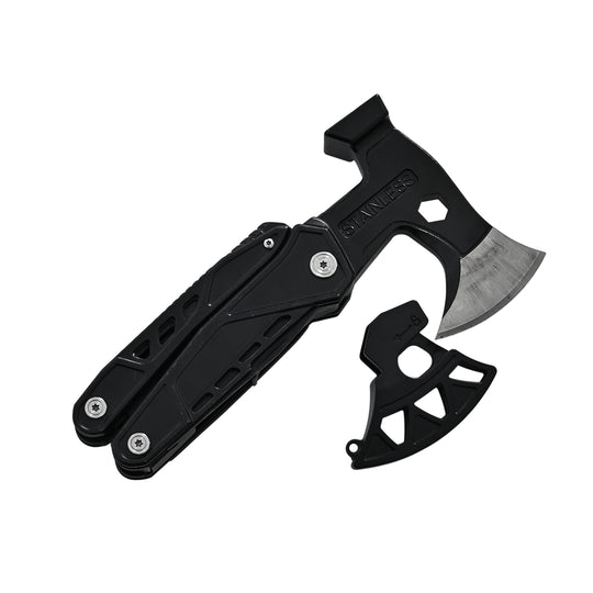 Edelstahl-Multitool, Messer, Säge, Schraubendreher, Gabel, Flaschenöffner und Feuerstein