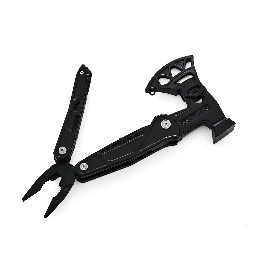 Stainless knife with saw,screwdriver, fork  bottle opener and flintstone