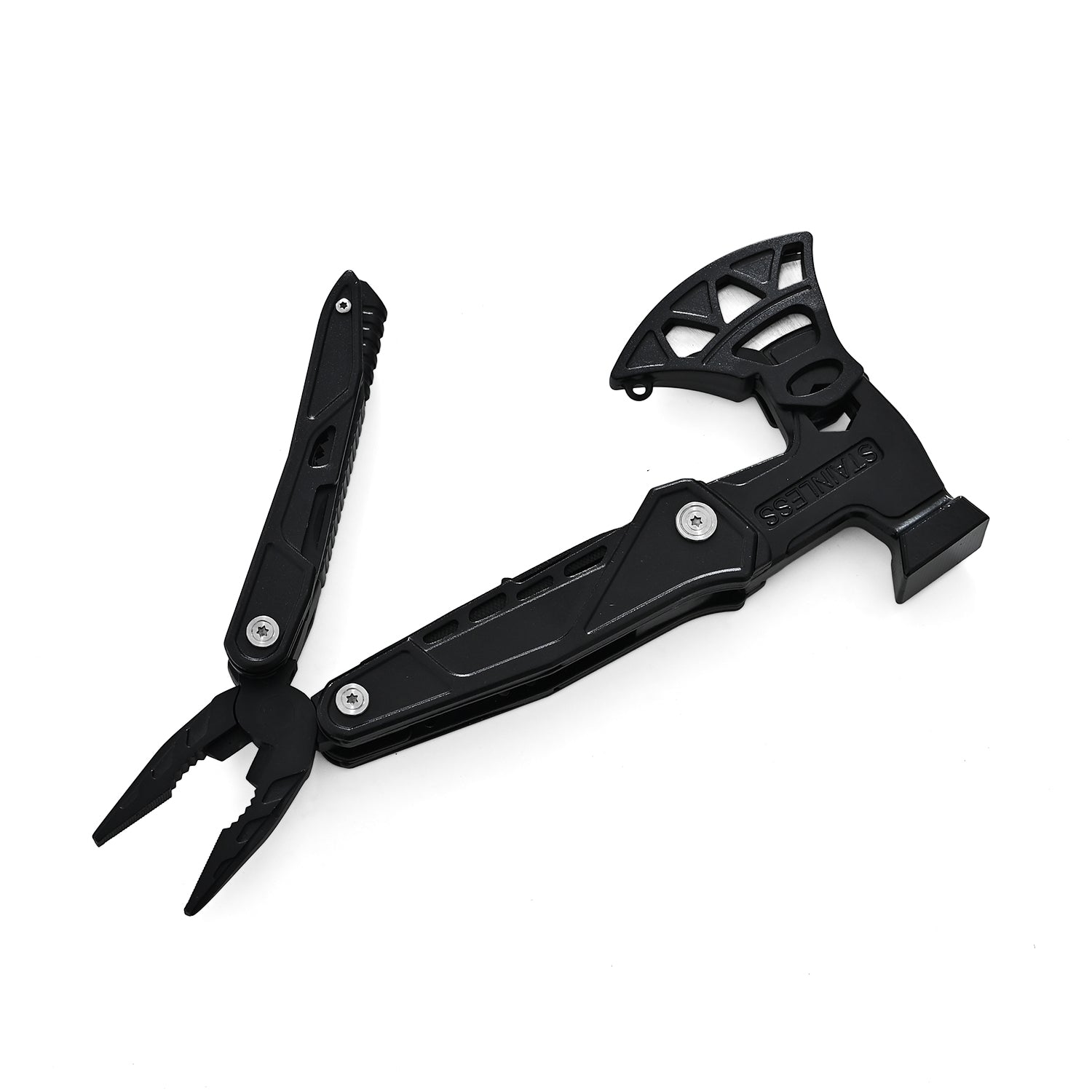 Stainless knife with saw,screwdriver, fork  bottle opener and flintstone