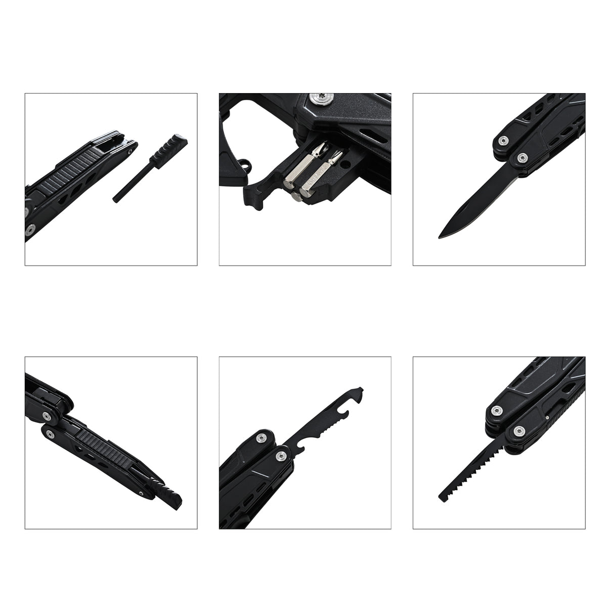 Outdoor Multifunktionsmesser 6-in-1 aus Edelstahl mit Säge, Schraubendreher, Gabel, Flaschenöffner und Feuerstein