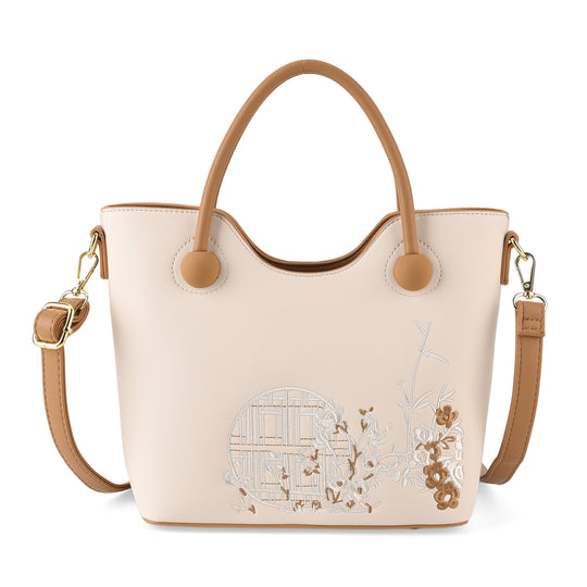 Kunstleder-Handtasche mit Tragegriffen und Umhängeriemen, florales Detail, Reißverschlussfächer, 30x22x11 cm, Grün/Creme
