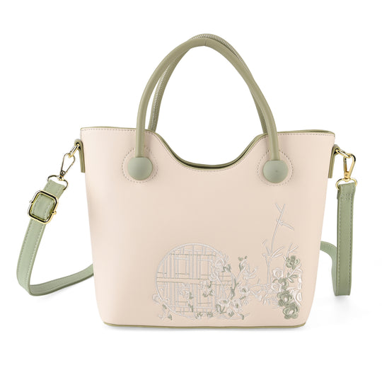 Kunstleder-Handtasche mit Tragegriffen und Umhängeriemen, florales Detail, Reißverschlussfächer, 30x22x11 cm, Grün/Creme