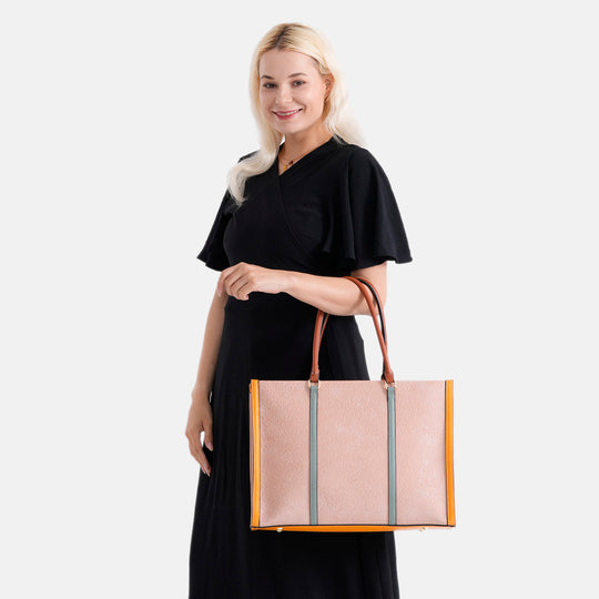 City-Shopper im Colourblock-Design aus Kunstleder mit Schulterriemen und Reißverschlussfächern, ca. 42 x 14 x 30 cm, Braun