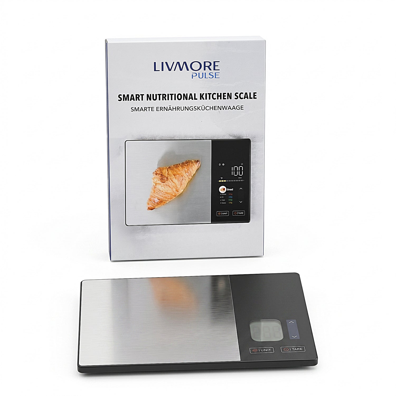 LIVMORE Smarte Nährwert-Küchenwaage mit 2-Zoll-TFT-Farbdisplay, Kalorien- und Nährwertanalyse, über 999 Lebensmittel, App-kompatibel