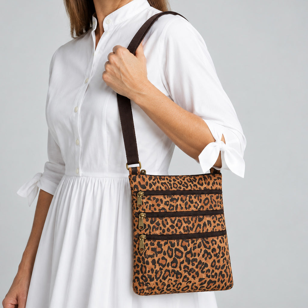LA MAREY 100% Genuine Leather Cross body bag in Suede Leopard Print Color : Tan Size:24 x 20 x 2 cm