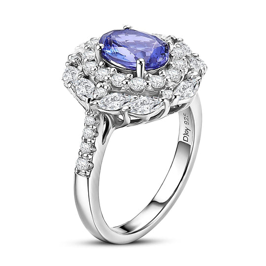 D'Joy AA Tansanit, Moissanit AGI zertifiziert Ring 925 Silber Rhodiniert (Größe 19.00) ca. 2,61 ct