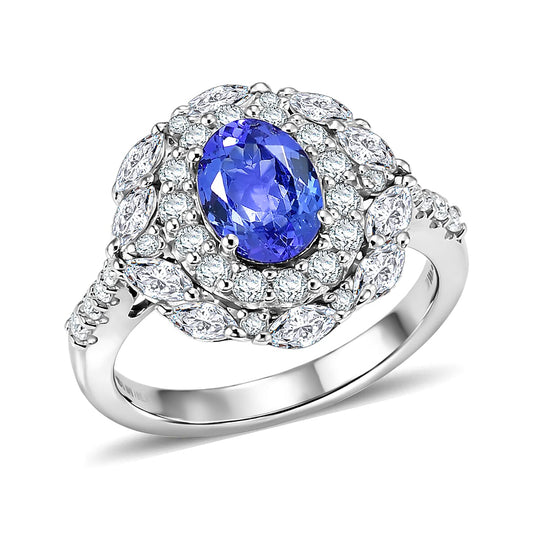 D'Joy AA Tansanit, Moissanit AGI zertifiziert Ring 925 Silber Rhodiniert (Größe 19.00) ca. 2,61 ct