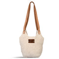 Livmore handgefertigte Makramee-Schultertasche mit PU Leder Tragegriff, 35 x 35 cm, Weiß