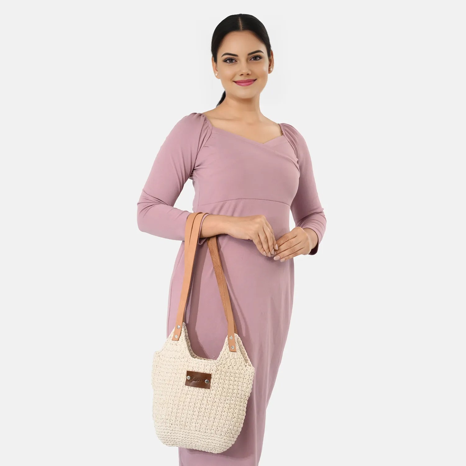 Livmore handgefertigte Makramee-Schultertasche mit PU Leder Tragegriff, 35 x 35 cm, Weiß
