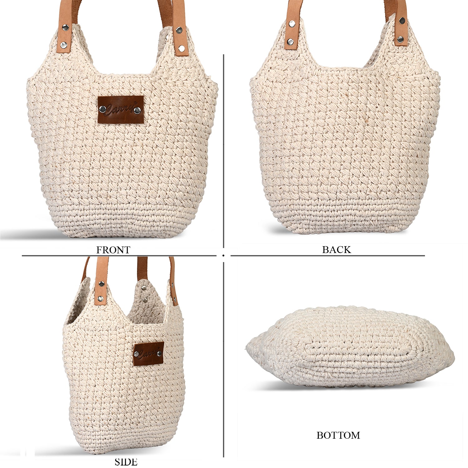 LIVMORE handgefertigte Makramee-Schultertasche mit PU-Tragegriff, 35x35cm, Weiß